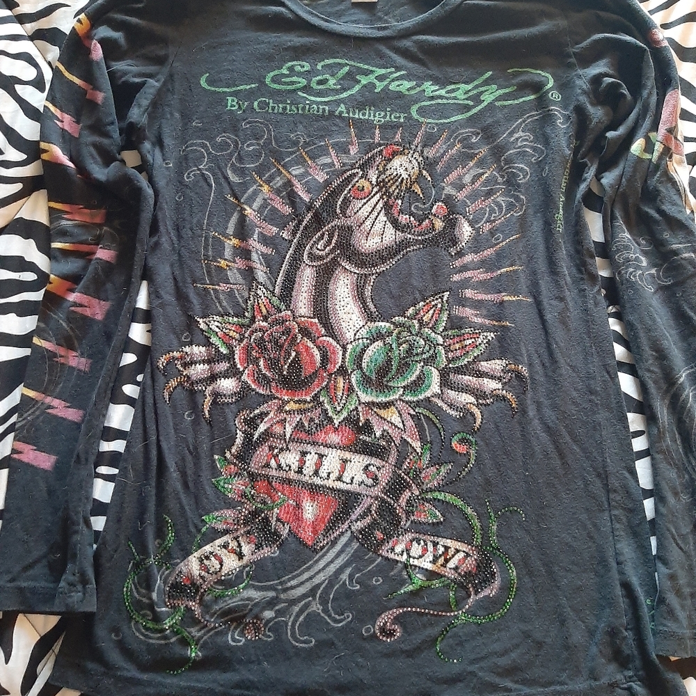 Ed Hardy long-sleeved t-shirt with Swarovski crystals in the design. Make offers